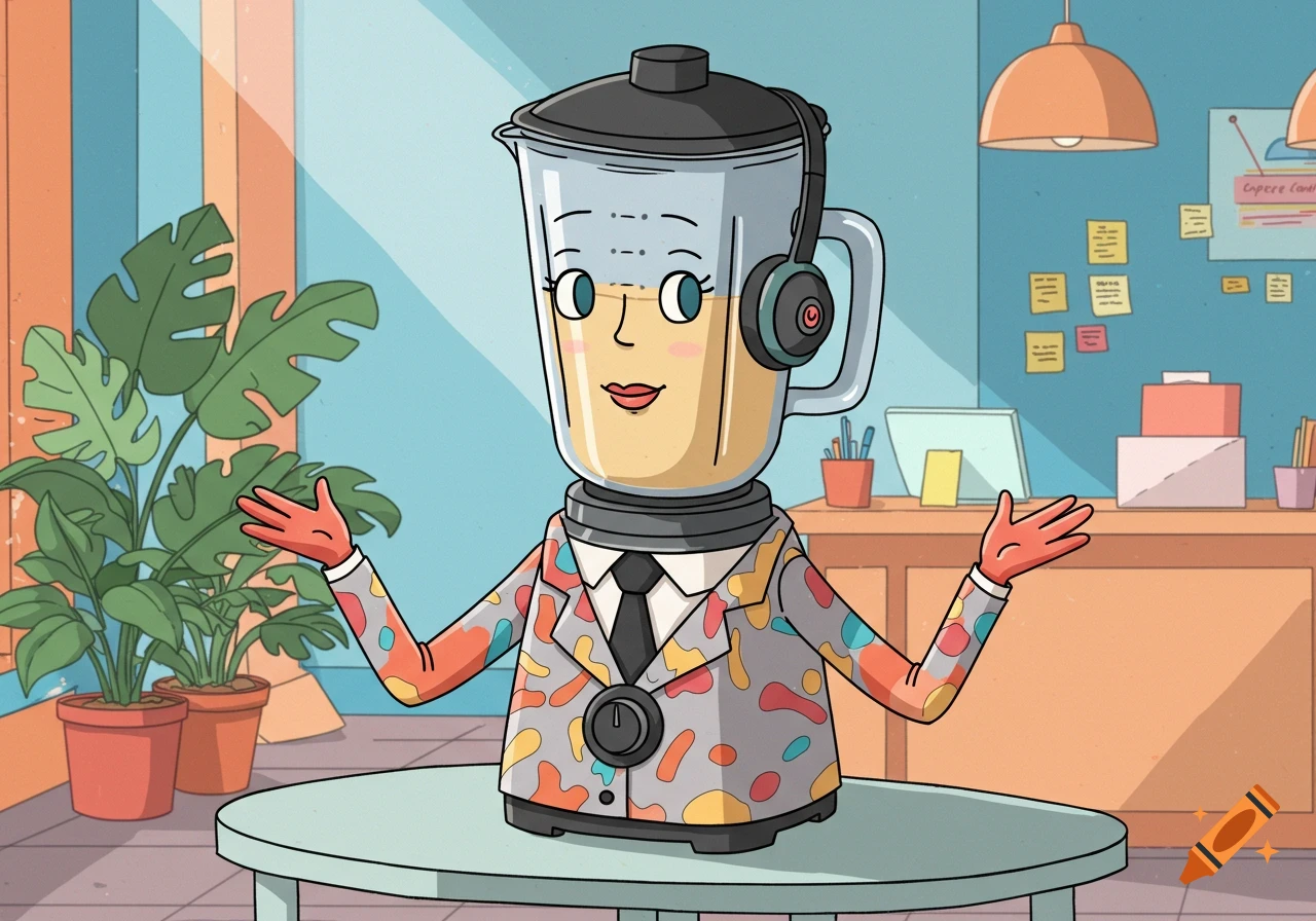 A cartoon female blender character wearing a colorful suit and headphones in an office setting, Tuca & Bertie-esque style.