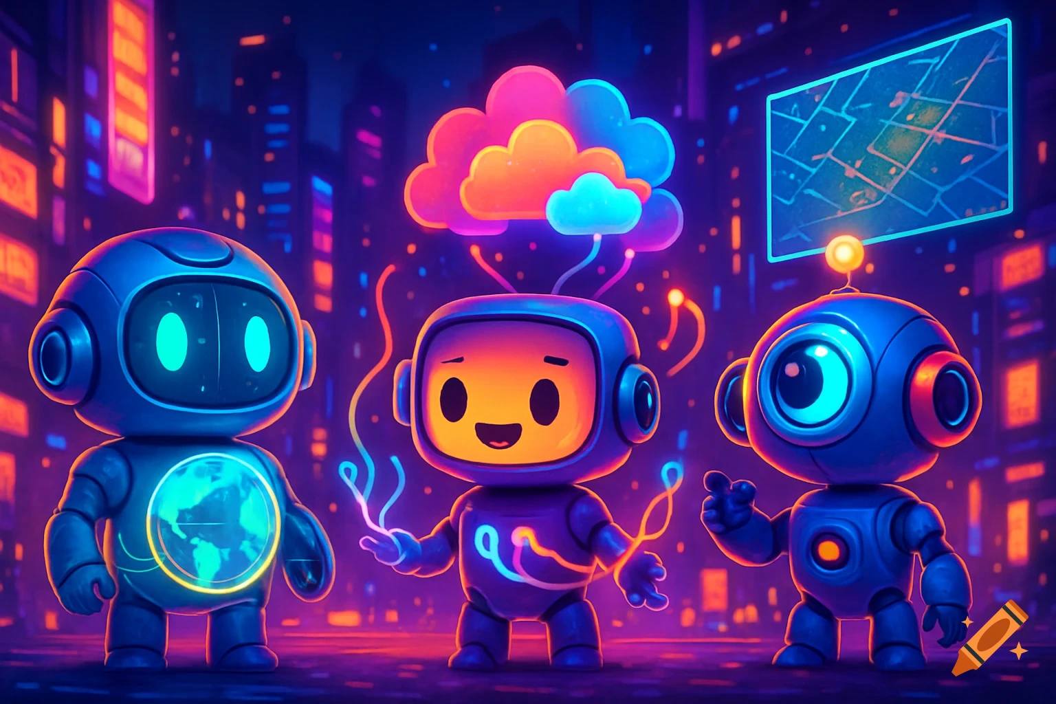 Three stylized, cartoon-like robots with glowing elements stand in a neon-lit futuristic city. One has a glowing globe, one has a glowing cloud, and one has a map screen.
