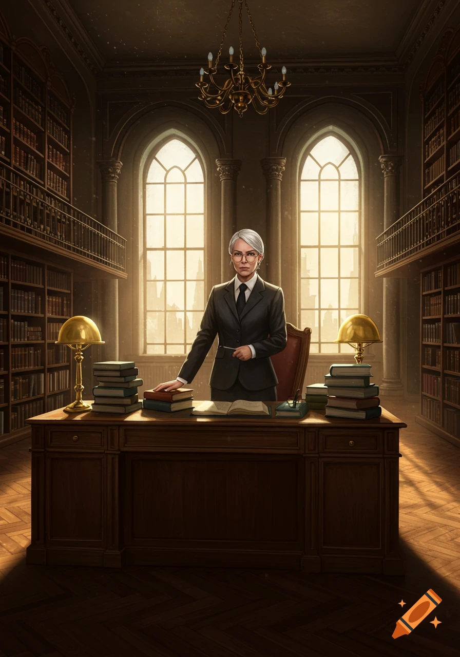 Stern woman in a suit and glasses stands behind a desk in a grand library, hand on books.
