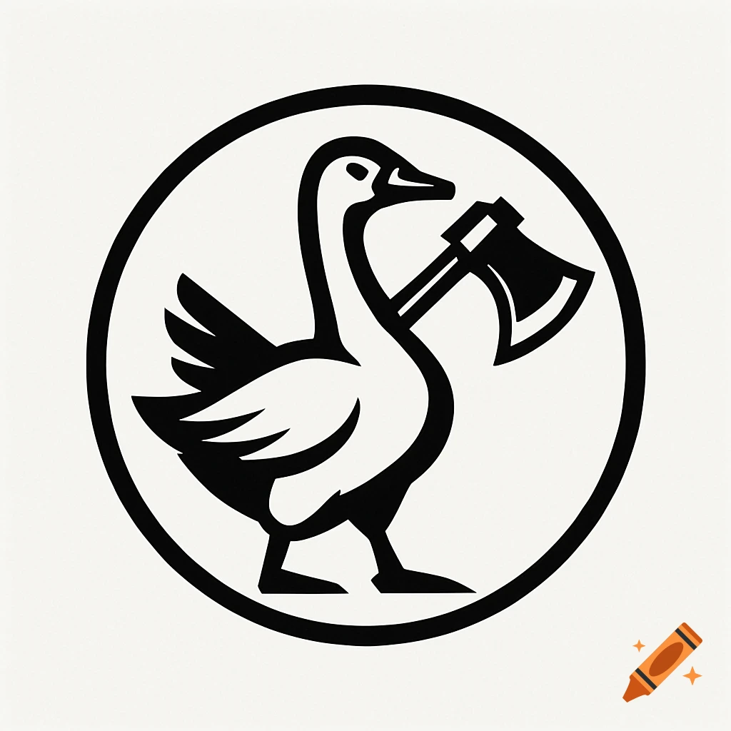 A black and white logo showing a goose holding an axe inside a circle.