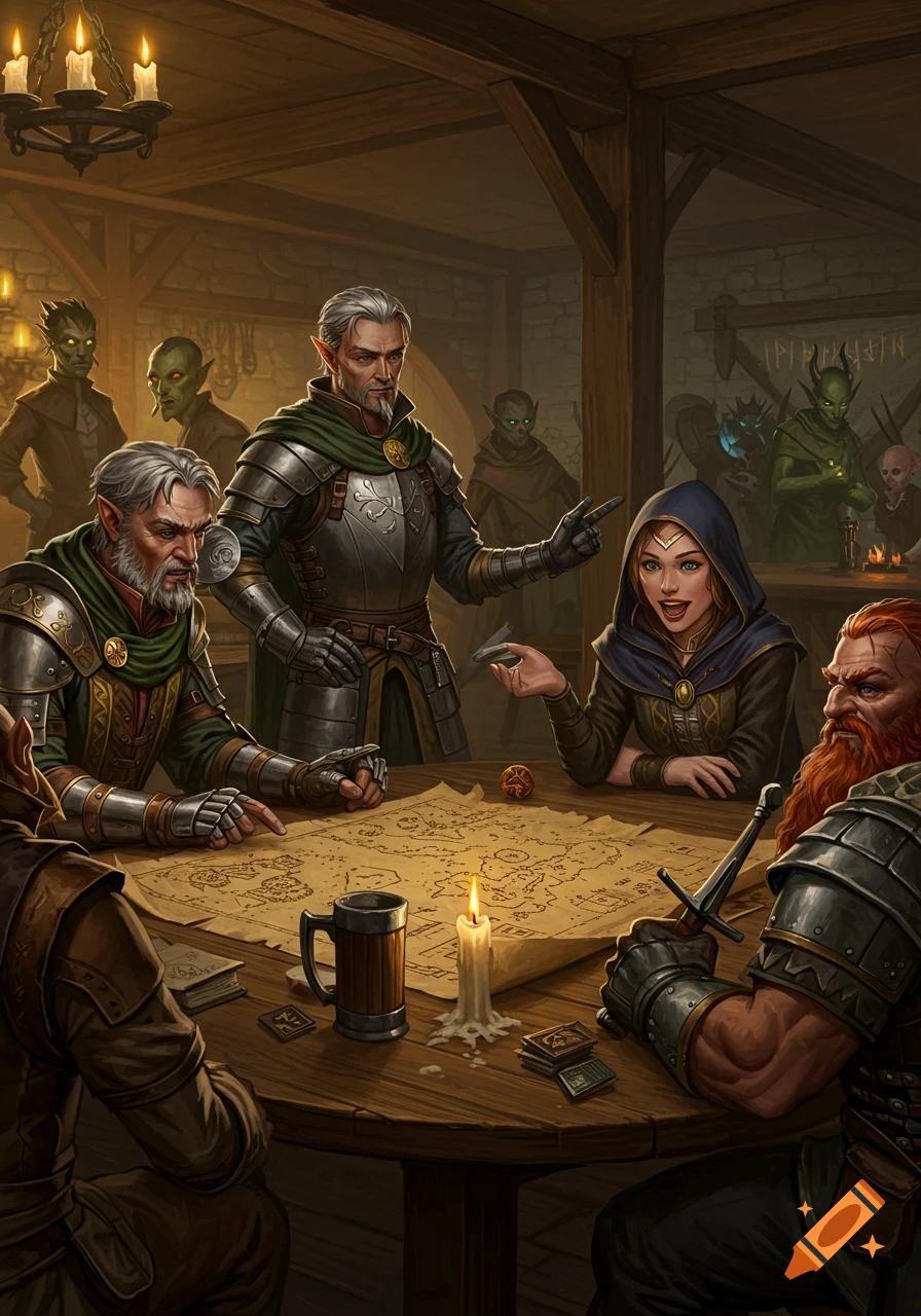 Fantasy adventurers gathered around a map in a dimly lit tavern, playing a tabletop role-playing game.