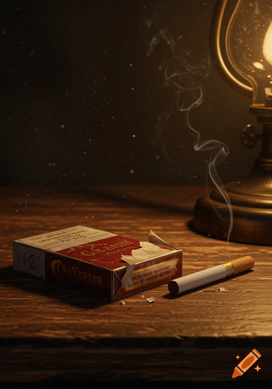 A pack of cigarettes and a lit cigarette with smoke on a wooden table next to an illuminated lamp, in a dark, moody photorealistic style.