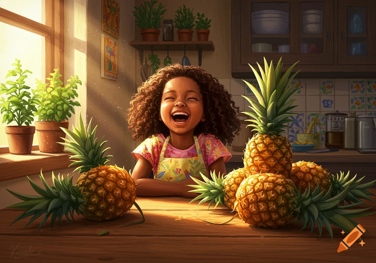 An illustrated happy black girl laughing at a kitchen table surrounded by pineapples.