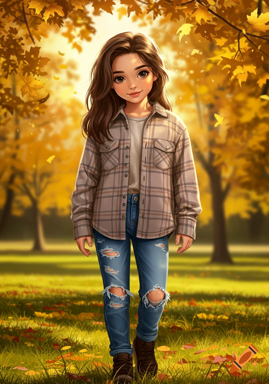 Illustrated cute girl with long brown hair wearing a flannel shirt and ripped jeans, standing in an autumn park with golden leaves.