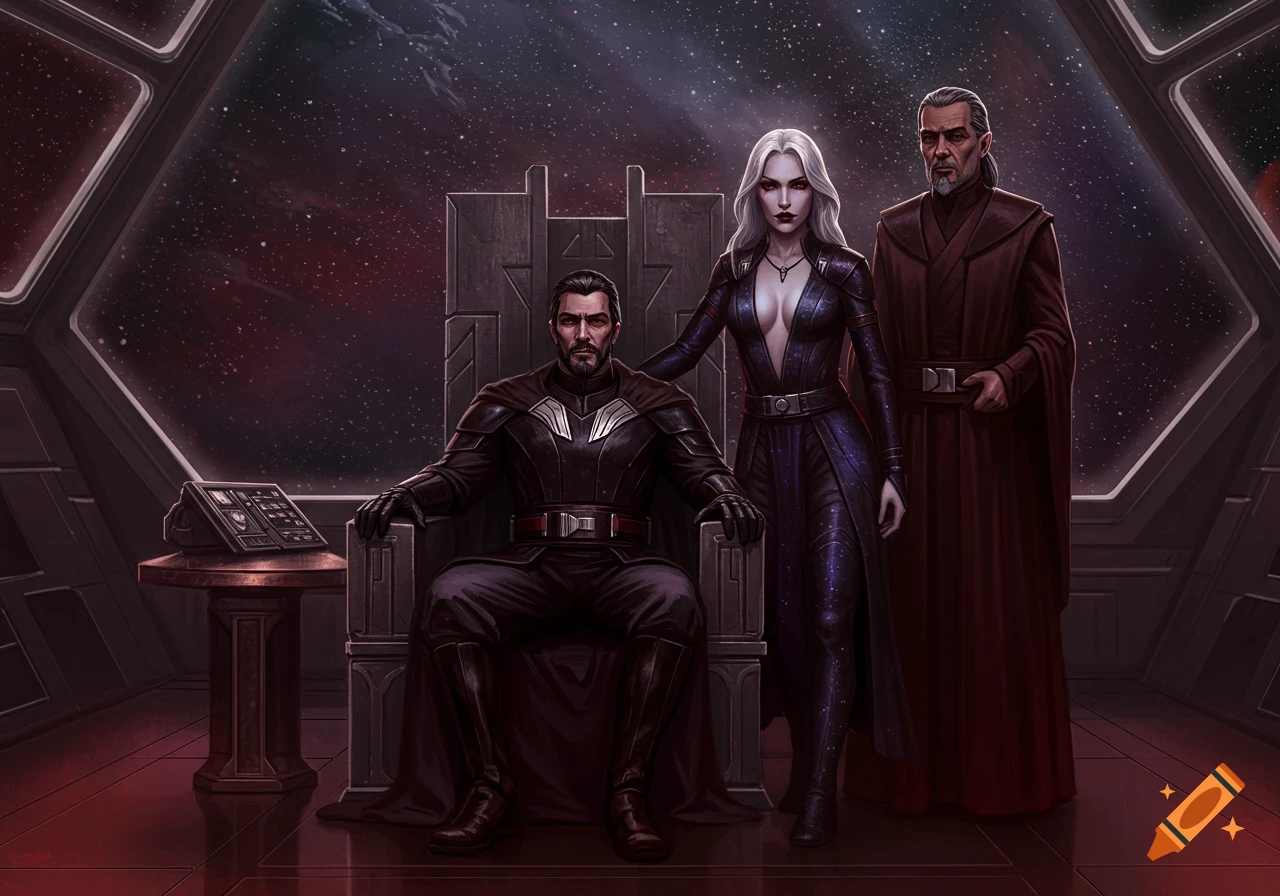 Digital art of three figures, including a man on a throne and a woman in a low-cut outfit, in a dark spaceship cockpit overlooking space.