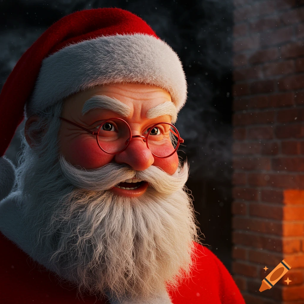 A photorealistic close-up portrait of Santa Claus with red glasses and a white beard, in front of a brick chimney.
