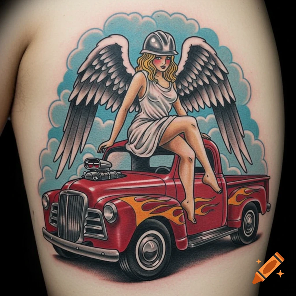 A traditional tattoo of a blonde woman with wings and a hard hat, sitting on a red hot rod truck.