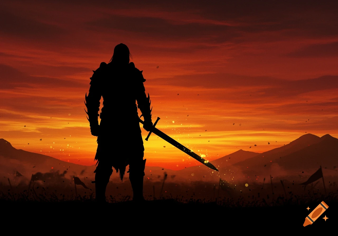 Silhouette of a warrior holding a sword on a battlefield at sunset.