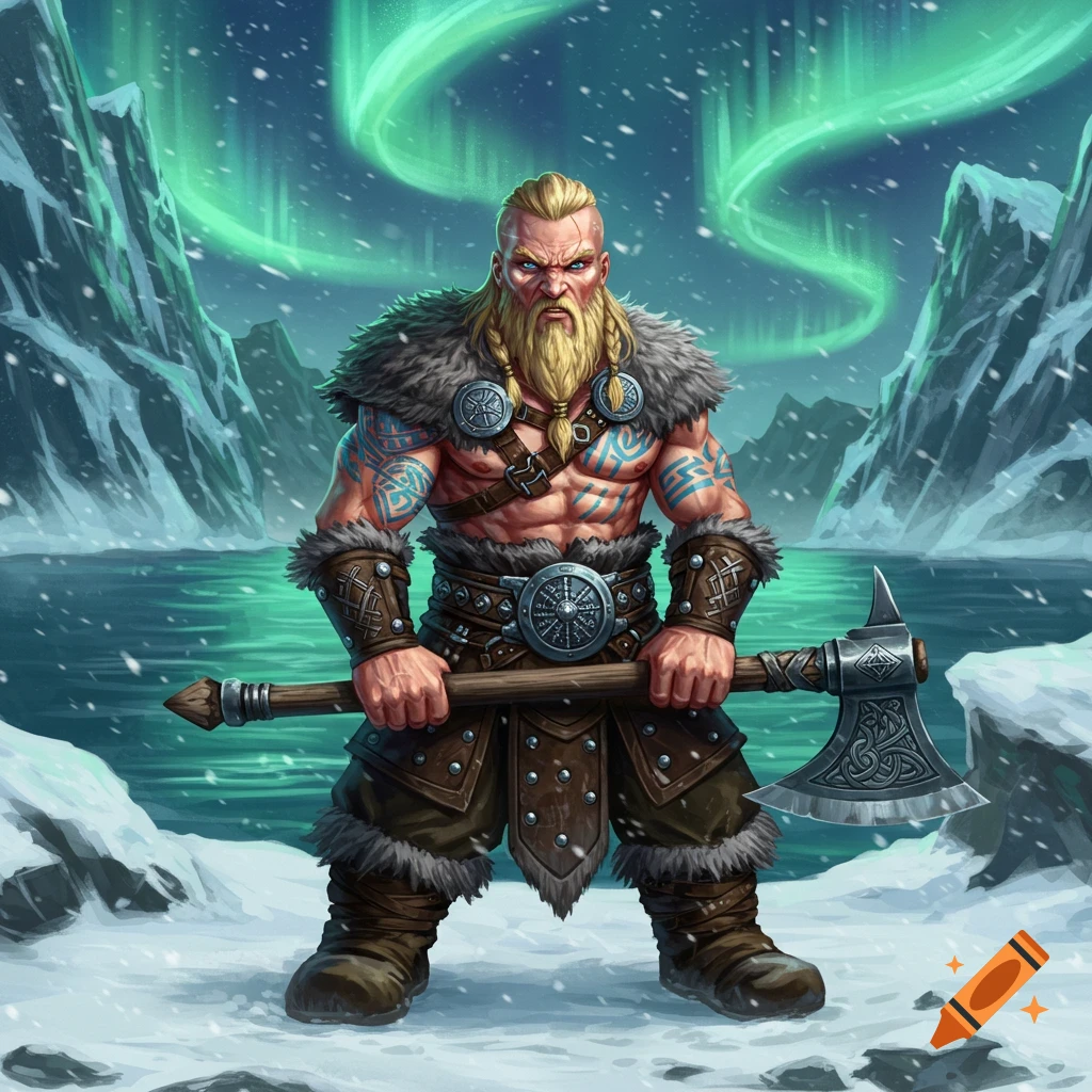 A muscular blonde-bearded barbarian in fur and leather armor, holding an axe, stands in a snowy arctic landscape under the aurora borealis.