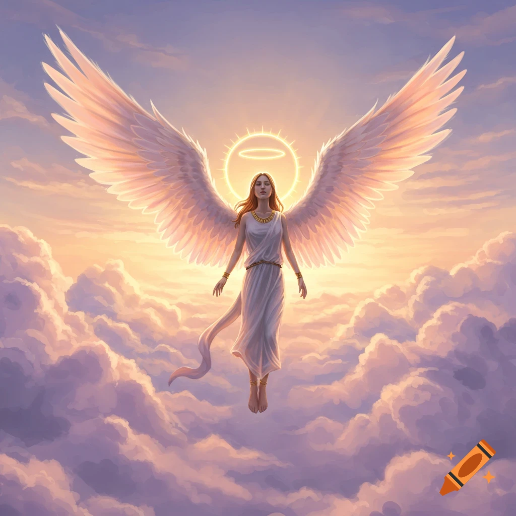 A radiant female angel with large white wings and a glowing halo floats above clouds against a warm sunset sky.