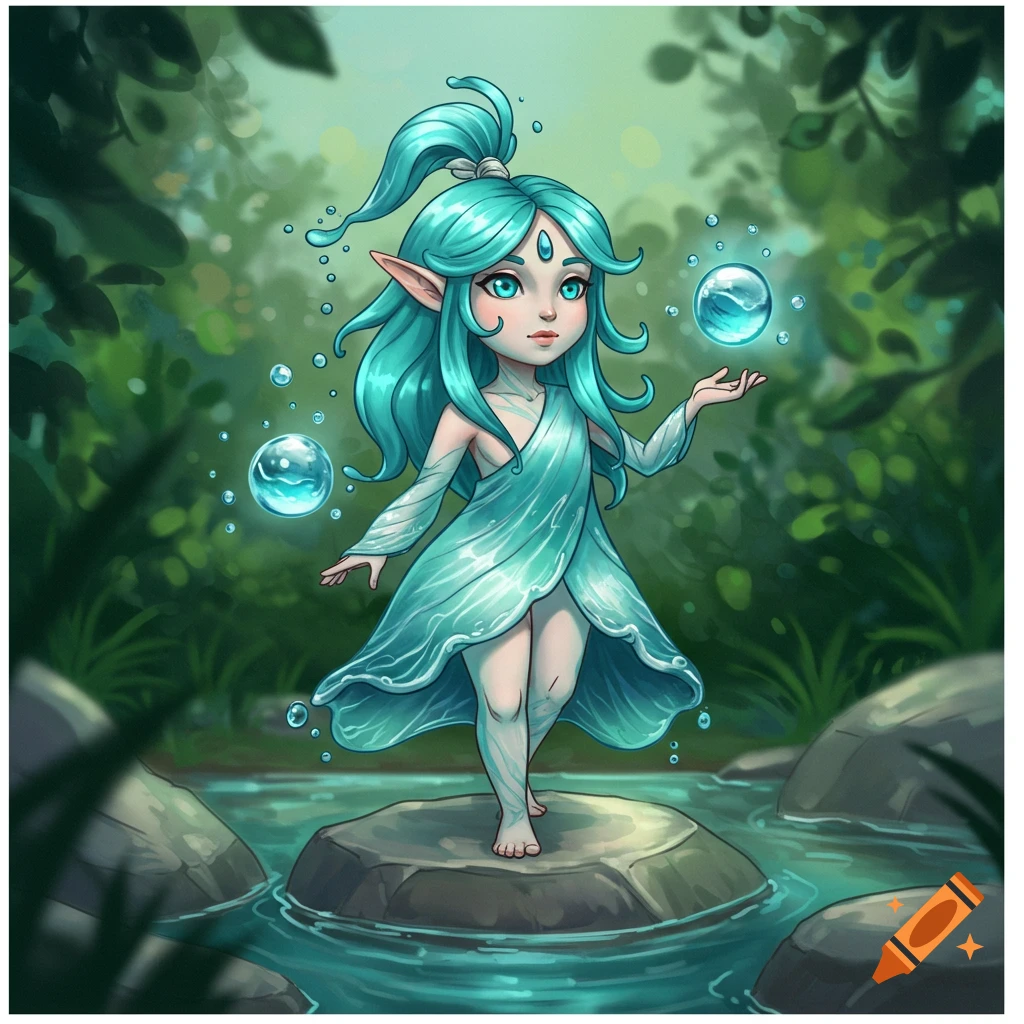 A teal-haired water fairy stands on a rock in a forest stream, holding glowing blue orbs in a stylized cartoon.