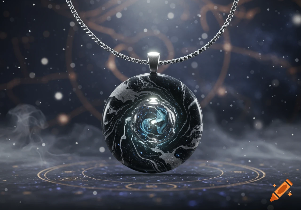 A close-up of a circular medallion necklace with a swirling black and white marble pattern around a bright, blue and purple nebula-like core, suspended on a silver chain against a dark, starry background with faint golden celestial lines.