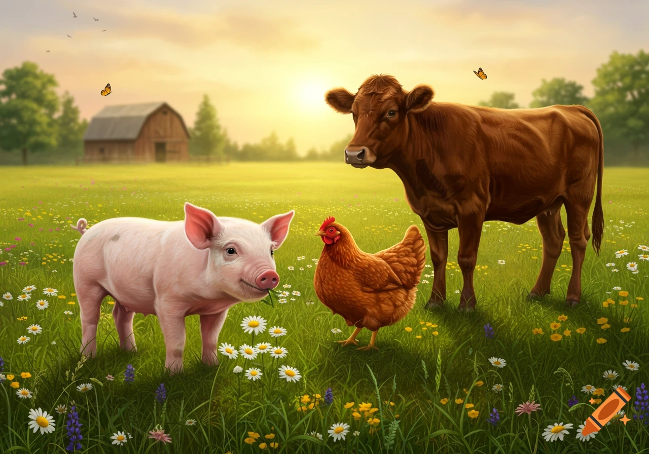 A pig, chicken, and brown cow stand in a sunny green field with wildflowers  and a barn in the background. on Craiyon, image size:1280x896