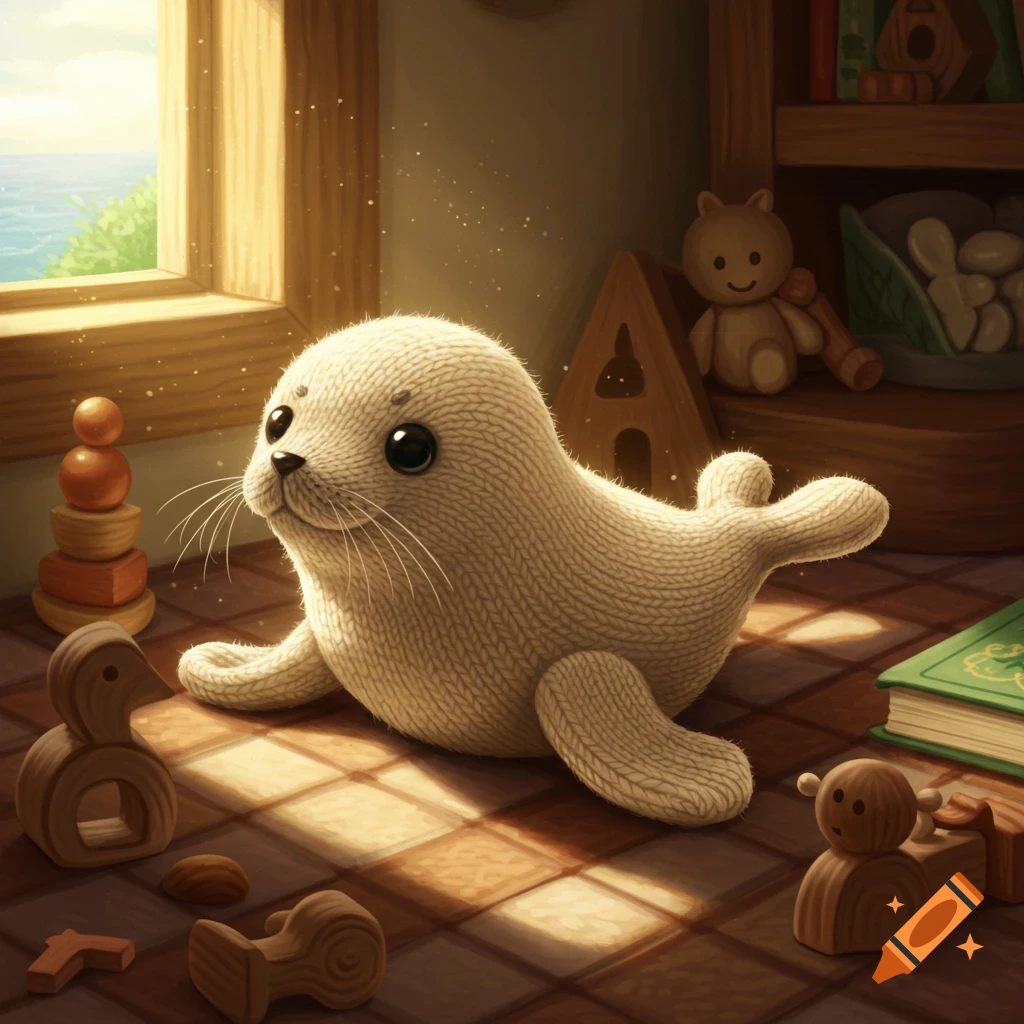 A fluffy, knitted white seal toy sits on a checkered floor in a sunlit room by a window, surrounded by wooden toys and a book.