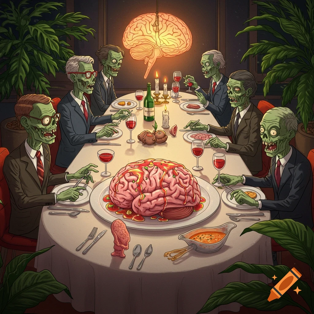 Cartoon zombies in suits dining at a candlelit table, with a large brain served as the main course, under a glowing brain chandelier.