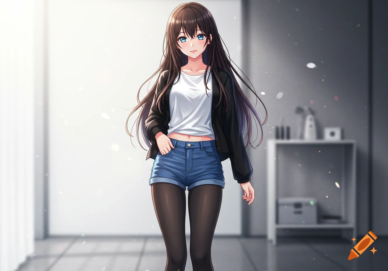 Anime girl with long brown hair, blue eyes, white t-shirt, black jacket, denim shorts, and black tights, standing indoors.