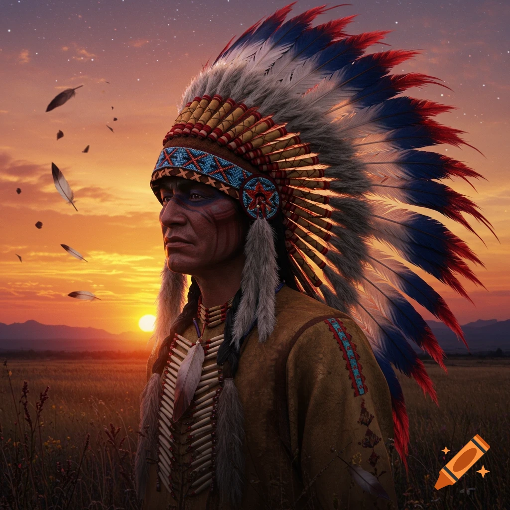 A photorealistic portrait of an Indigenous American man wearing a large, colorful feather headdress at sunset in a field.