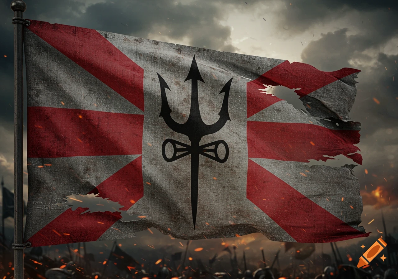 A tattered red and silver fantasy war flag with a black trident symbol, against a dark, cloudy sky and a battlefield.