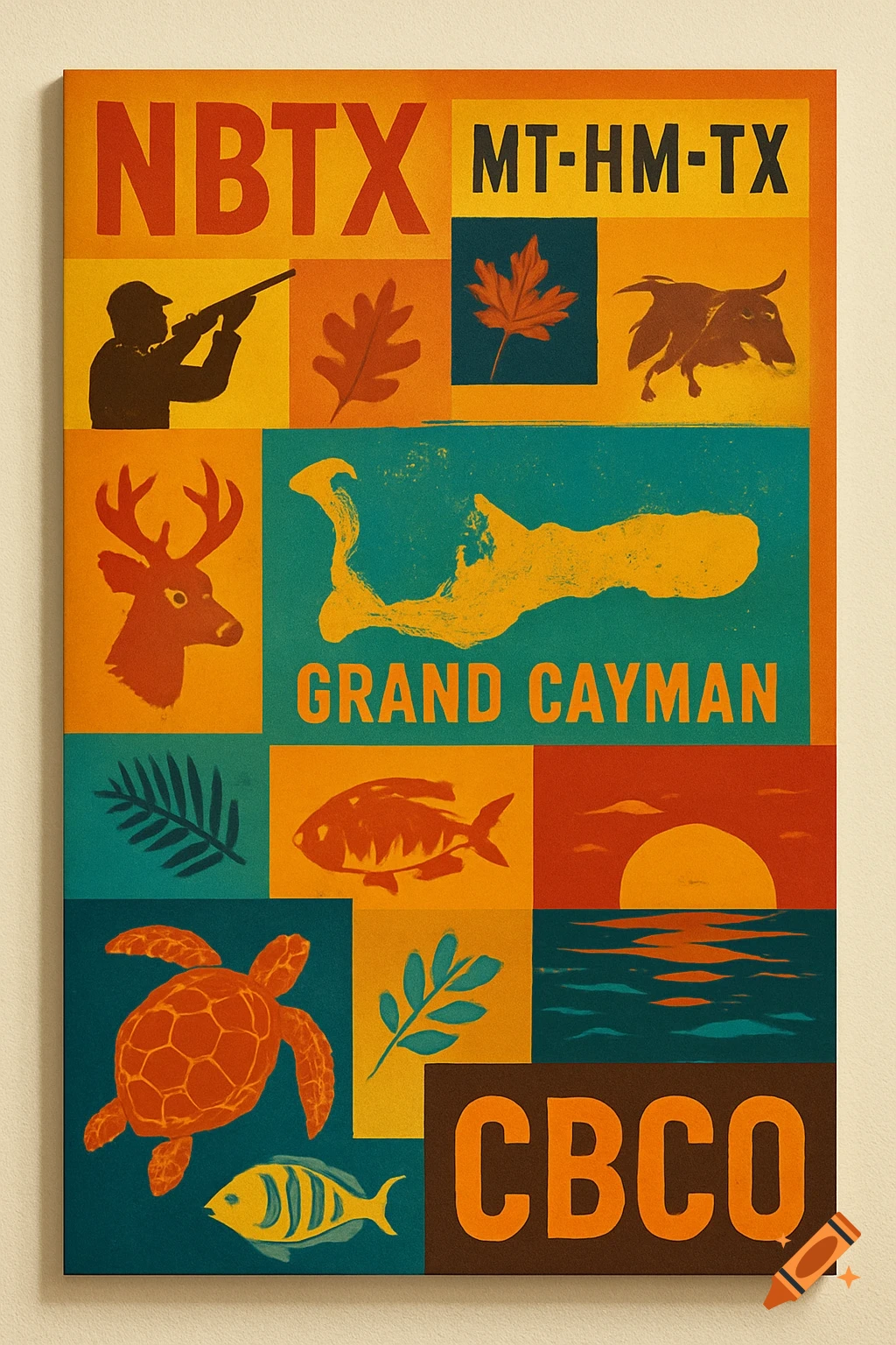 Colorful pop art collage poster with sections of illustrations including a hunter, deer, bull, turtle, fish, sunset, Grand Cayman map, and text.