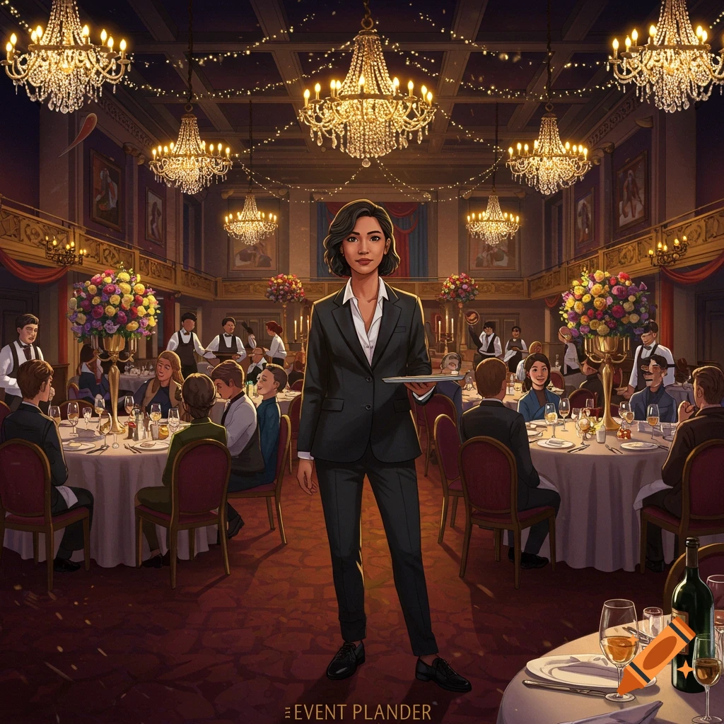 An illustrative image of an event planner holding a tray in a grand banquet hall with guests, chandeliers, and flowers.