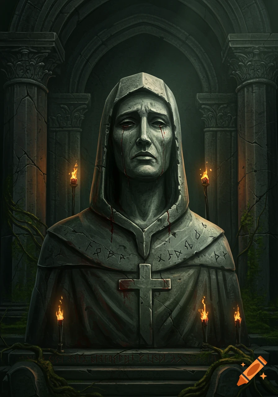 A stone statue of a hooded cleric with a cross on its chest, appearing to cry blood in a dark, ruined gothic setting with torches and moss-covered pillars.