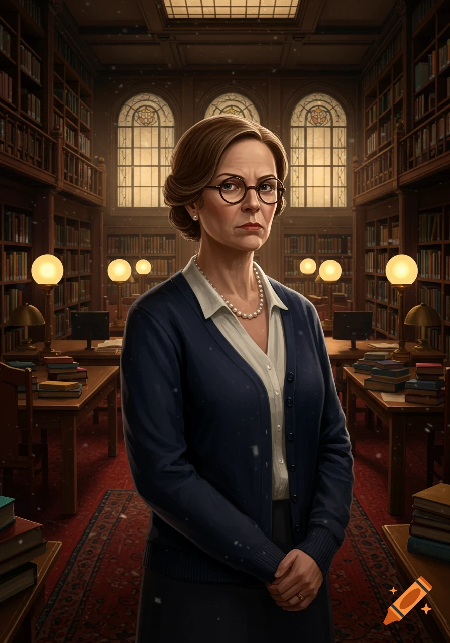A stern-looking woman in glasses and a cardigan stands in a grand library filled with books.