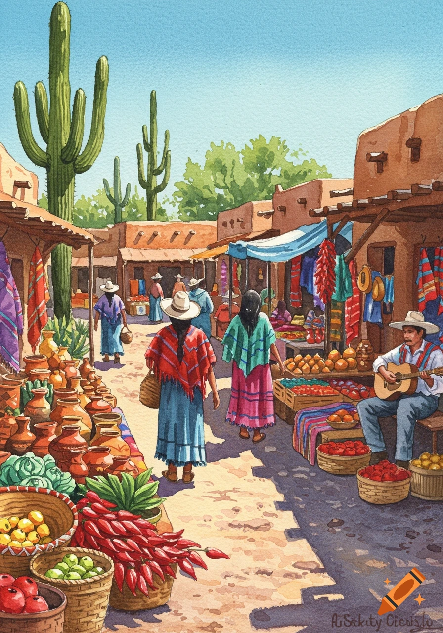 Watercolor painting of a lively outdoor market in the American Southwest, with adobe buildings, saguaro cacti, and vendors selling pottery, produce, and textiles.