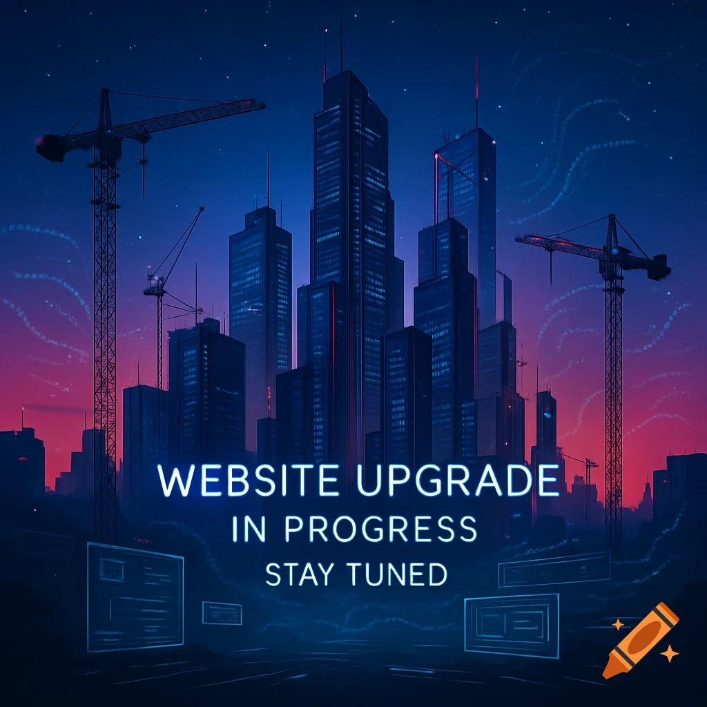 A neon blue futuristic city skyline at night with skyscrapers, construction cranes, and glowing text 'WEBSITE UPGRADE IN PROGRESS STAY TUNED'.