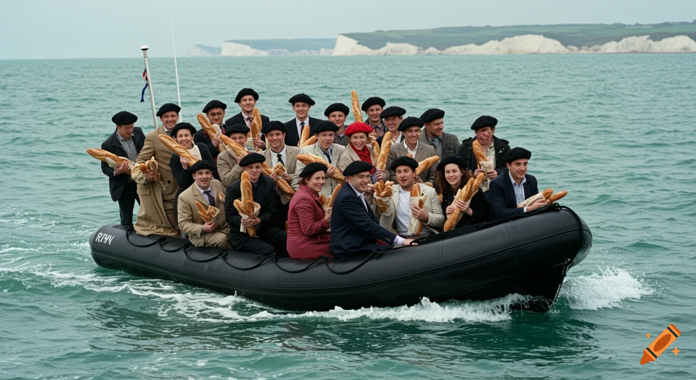 A group of people wearing berets and holding baguettes ride in a black inflatable boat on the water with white cliffs in the background.