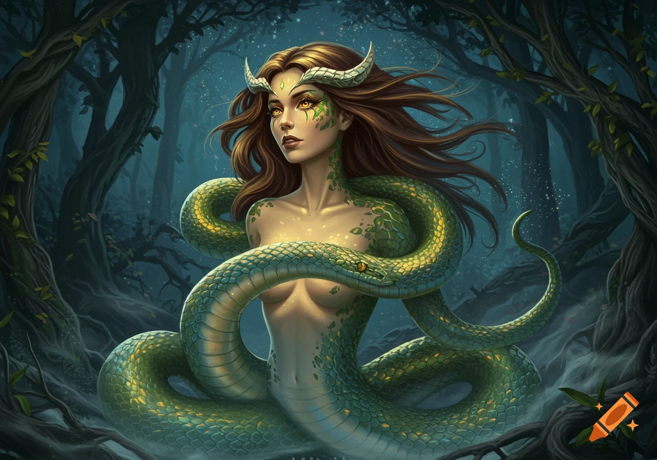A fantasy illustration of a mythical woman with a snake lower body, horns, and glowing eyes, sitting in a dark, enchanted forest.