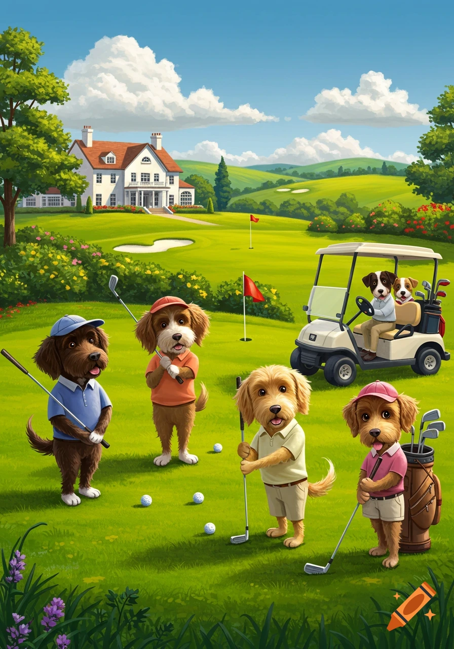 Cartoon dogs playing golf on a sunny green course. Four dogs are on the green with golf clubs and balls, while two dogs ride in a golf cart. A clubhouse is in the background.