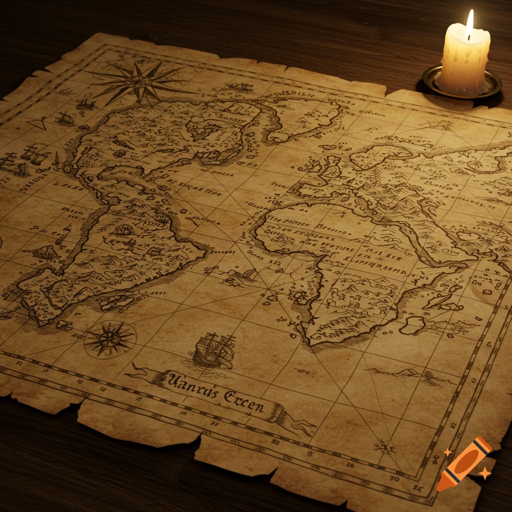 An ancient-looking, detailed map spread out on a wooden table, illuminated by the warm glow of a burning candle.