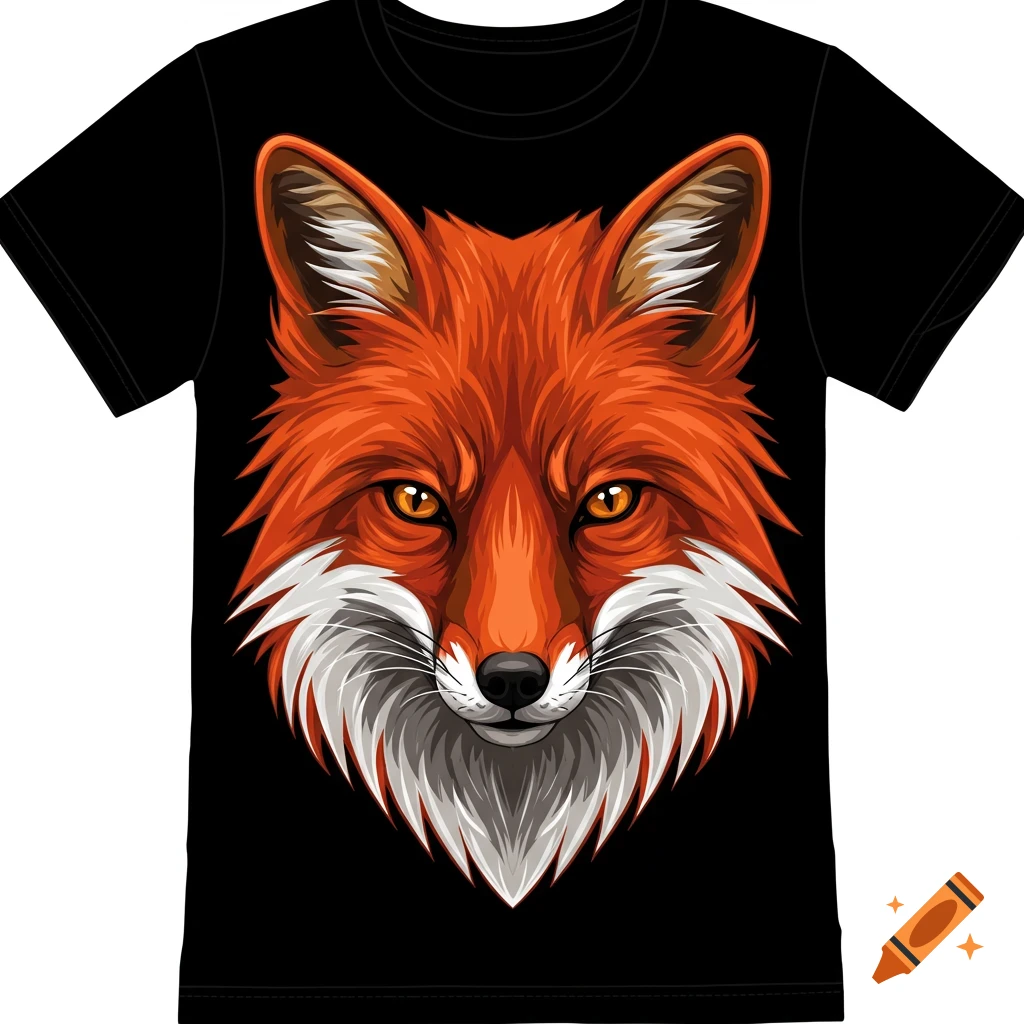 A vibrant, stylized red fox head graphic with white and grey accents and yellow eyes on a black t-shirt.