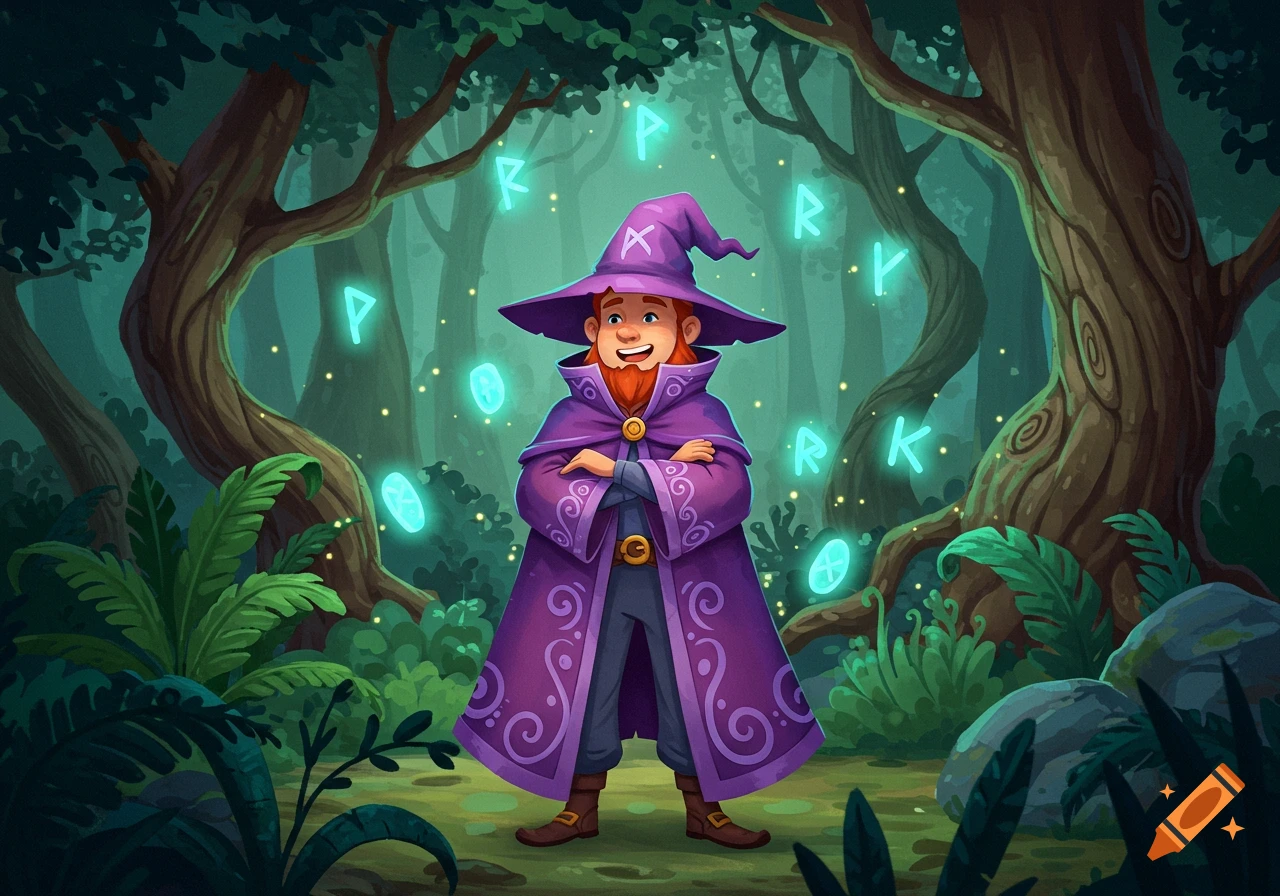 A smiling cartoon wizard in a purple cloak and hat stands with crossed arms in a magical forest with glowing runes.