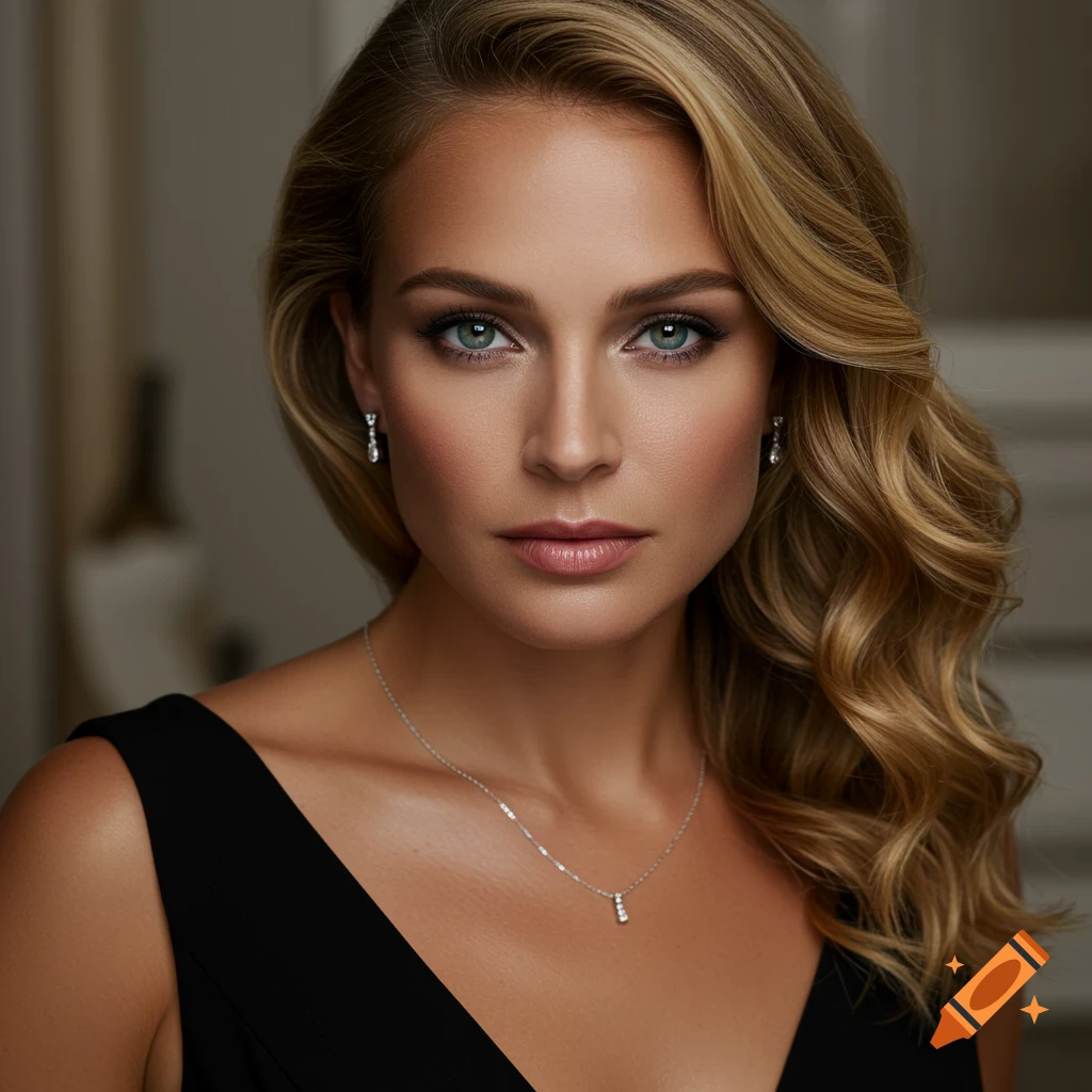 A photorealistic portrait of a woman with blonde wavy hair and green eyes, wearing a black dress and diamond jewelry.