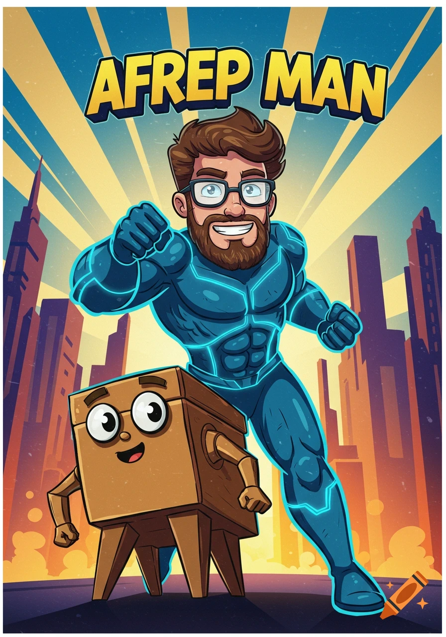 A cartoon superhero poster featuring a bearded man in a blue suit with glowing lines, next to a walking brown table with a face, against a city skyline.