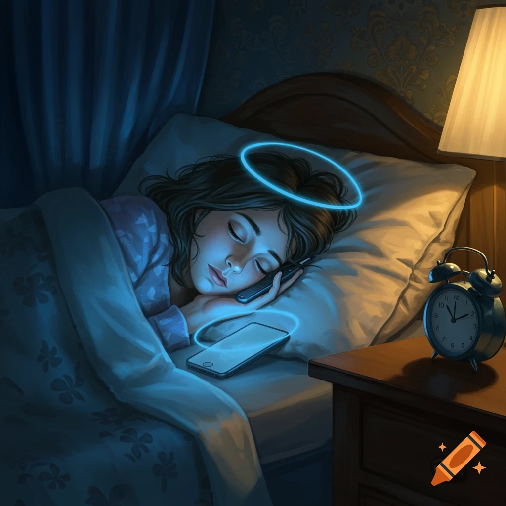 An illustrated sleeping girl in bed, illuminated by blue halos from two glowing cell phones, with an alarm clock on a nightstand.
