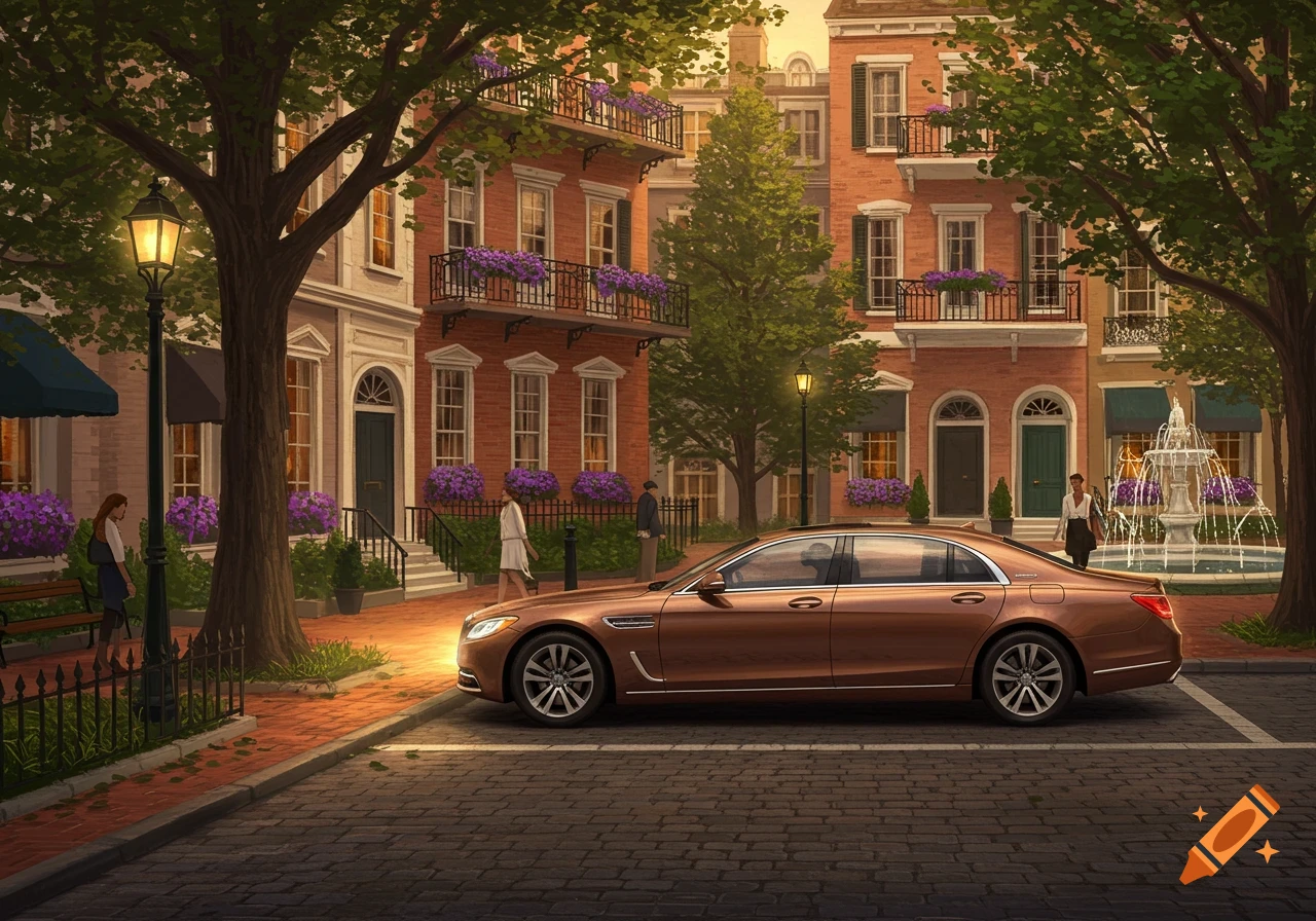 A brown sedan parallel parked on a cobblestone street in a charming, upscale neighborhood with brick buildings, lush trees, purple flowers, and a fountain.