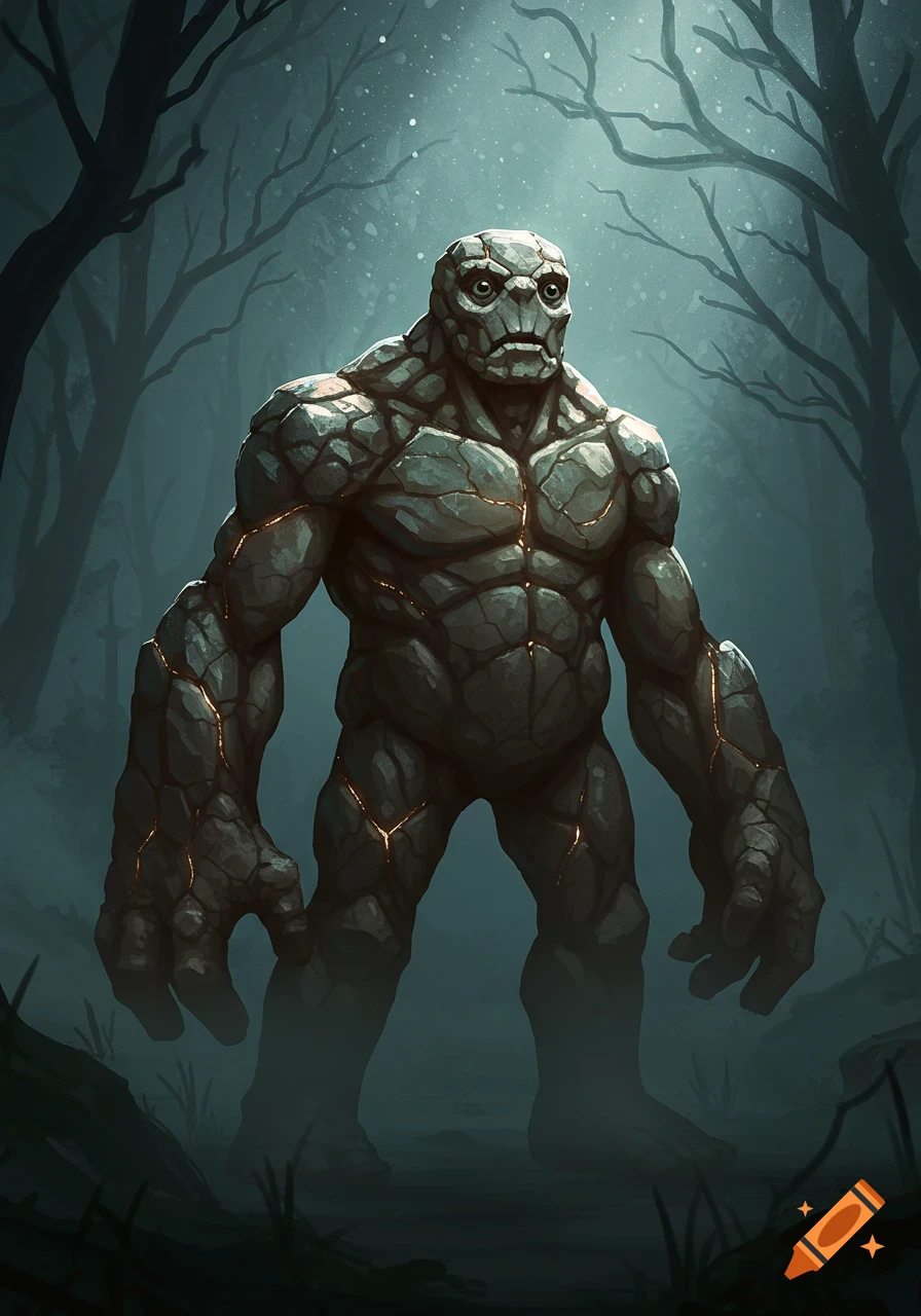 A large, muscular, rock-skinned monster with glowing cracks stands in a dark, misty forest under a faint light.