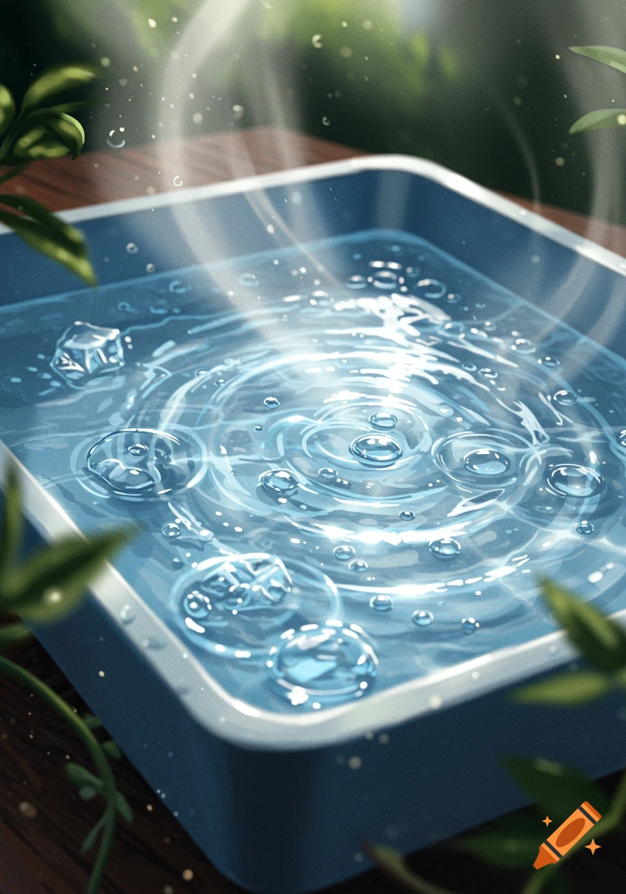 Illustrated close-up of water in a blue tray with ripples, ice cubes, and green leaves.