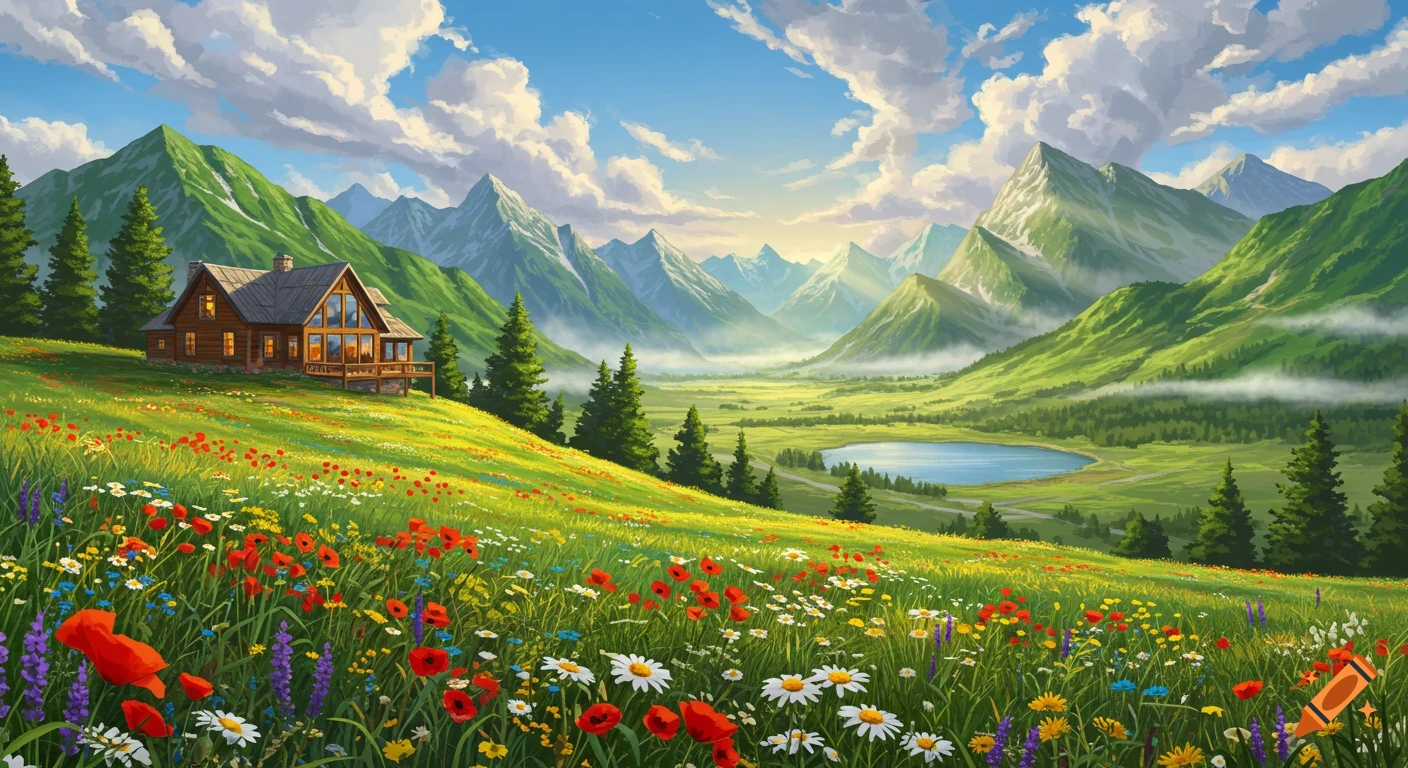 Vibrant painterly landscape with a wooden cabin on a flower-filled hill, overlooking a lake and green mountains under a blue sky.