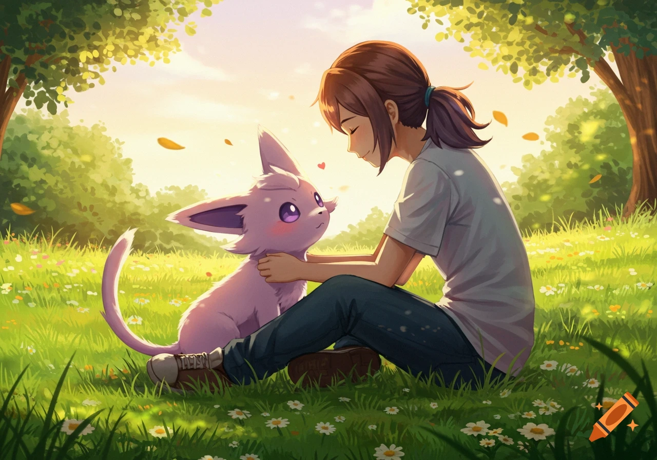An anime girl with brown hair sits in a sunny green field, gently petting a pink Espurr Pokemon.