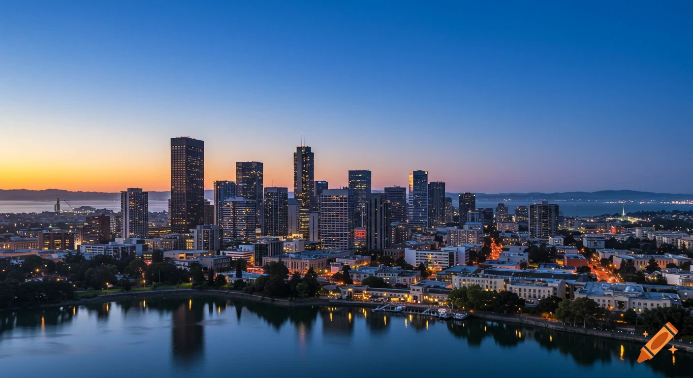 Photorealistic cityscape of downtown Oakland at dusk with tall buildings reflecting in Lake Merritt, and the Bay Area in the background.