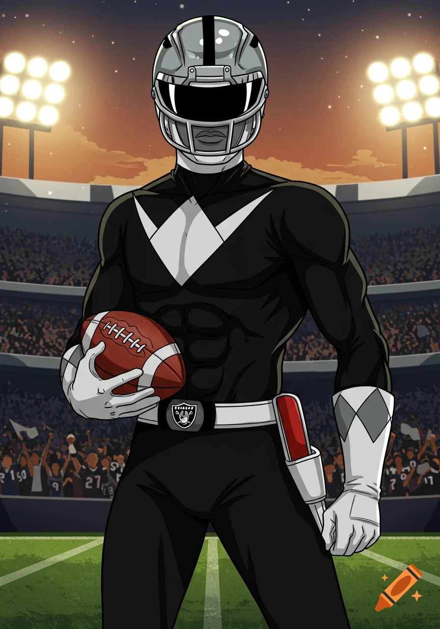 A black Power Ranger-like character wearing a football helmet stands on a football field in a stadium, holding a football. A Raiders logo is on their belt. Cartoon art style.