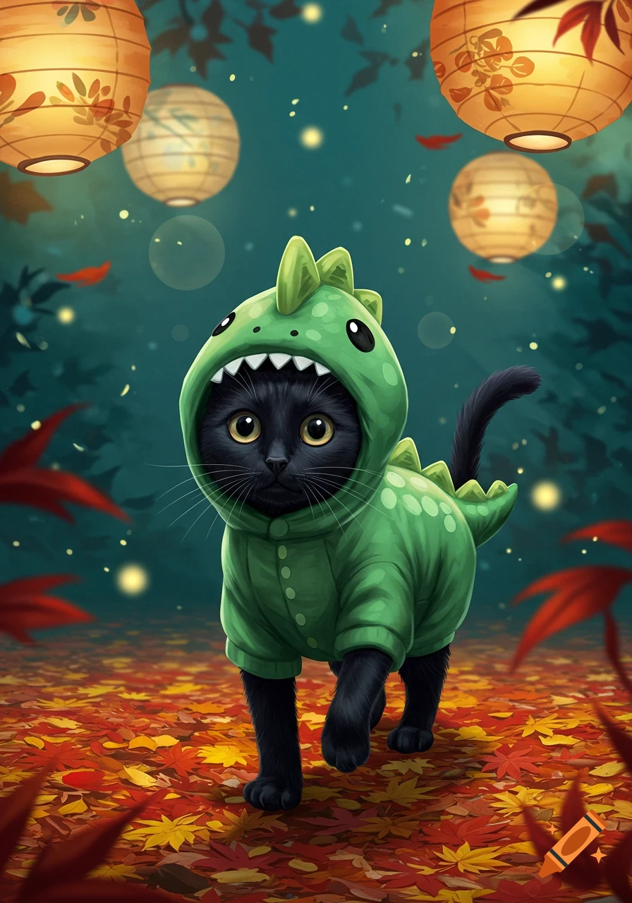 A black cat wearing a green dinosaur costume stands among colorful autumn leaves with glowing lanterns overhead.
