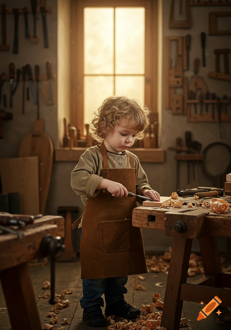 A young boy with curly blond hair in a leather apron carves wood at a workbench in a sunlit workshop.