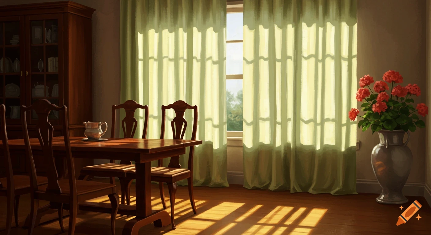 A sunlit dining room with a wooden table, chairs, a hutch, light green curtains, and a vase of red flowers.