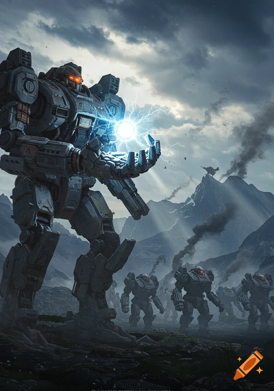 Giant mechs in a mountain landscape under stormy skies, one holding a glowing orb of lightning.