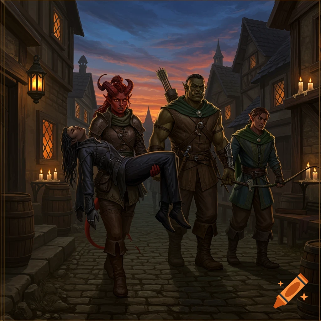 Fantasy party: a Tiefling carries a rogue, with an Orc and human companion, walks a medieval town's cobblestone street at dusk.