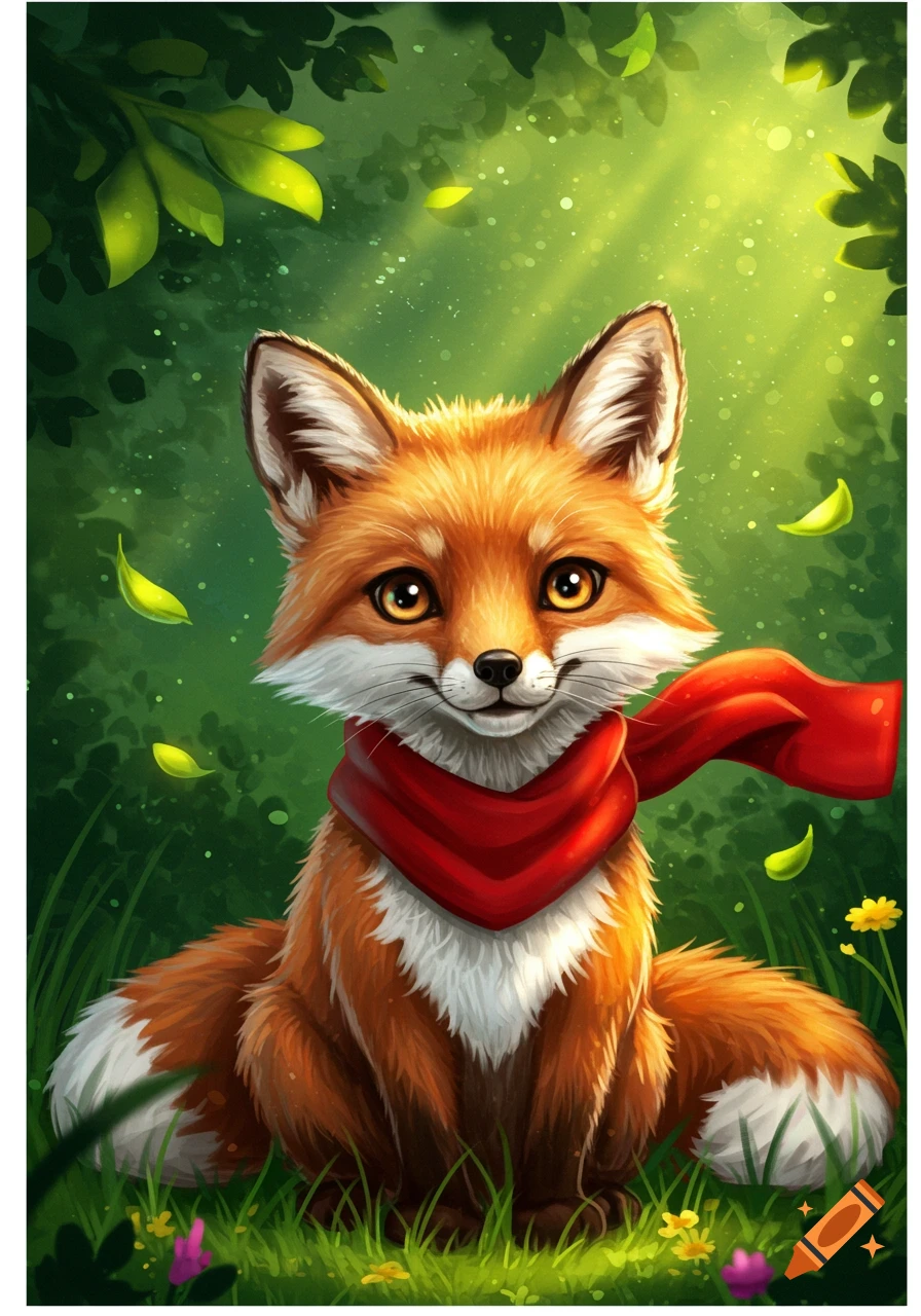Cute cartoon fox with a red scarf sitting in a sunlit forest with green leaves.